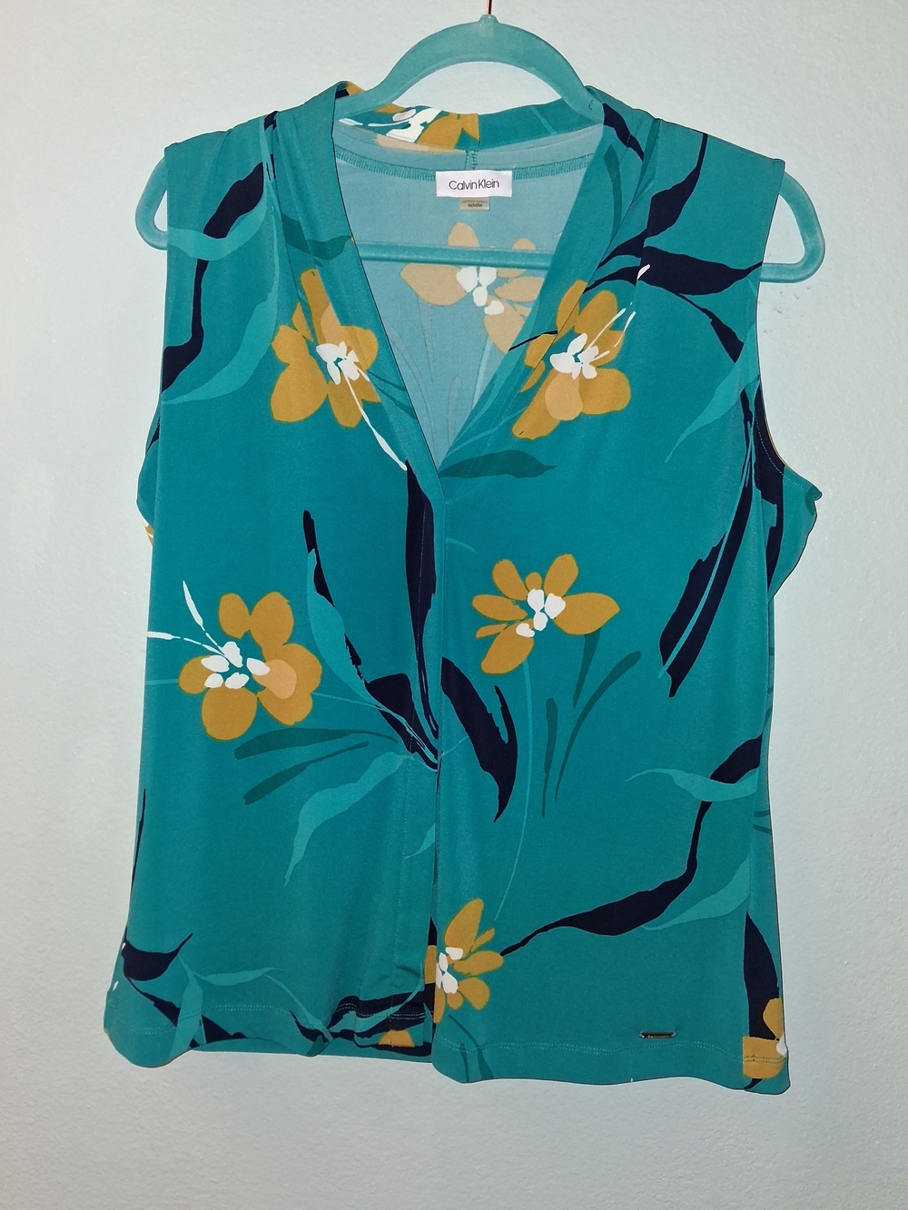 Calvin Klein Teal Floral Sleeveless V-Neck Knit Top | Size M